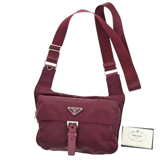 PRADA Logo Tessuto Crossbody Shoulder Bag Nylon Leather Burgundy SHW - Picture 1 of 16